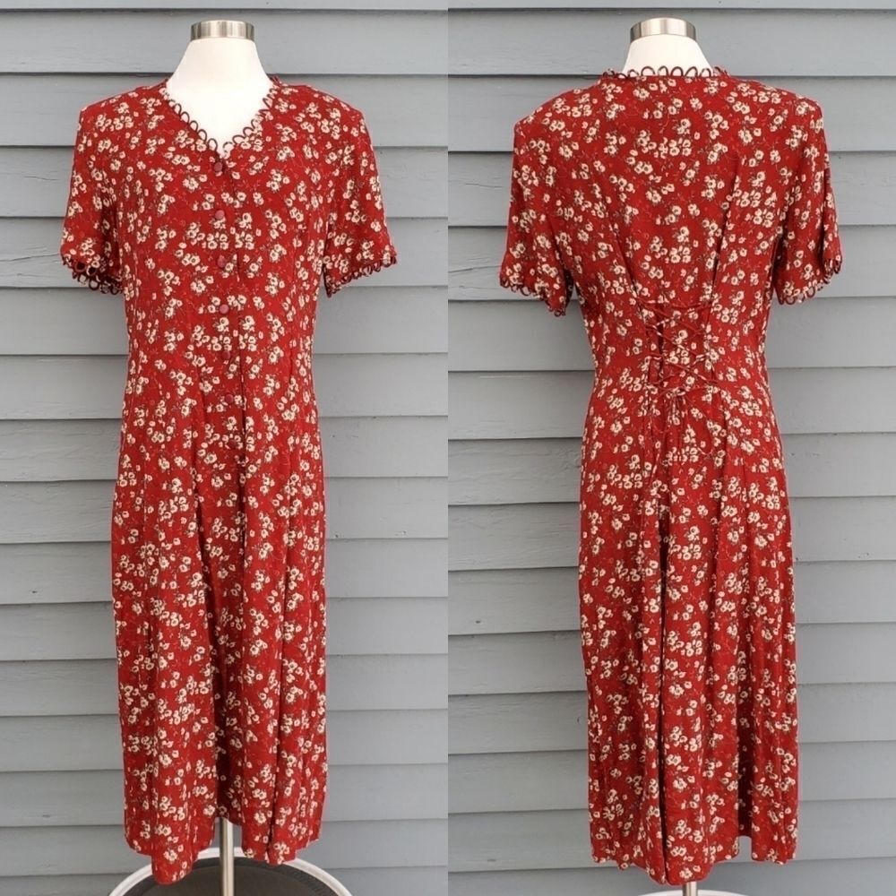 Vintage 90s y2k Red Dainty Floral Button Front Corset Back Midi Shirt Dress 12